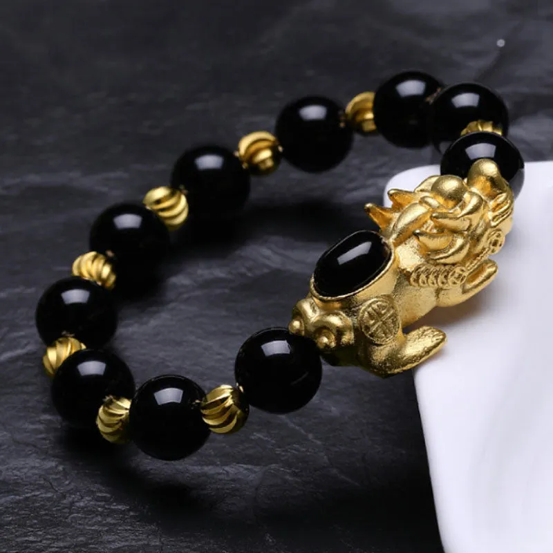 Feng Shui Wealth Sand Gold Natural Green Agate Inlaid Pixiu Bracelet