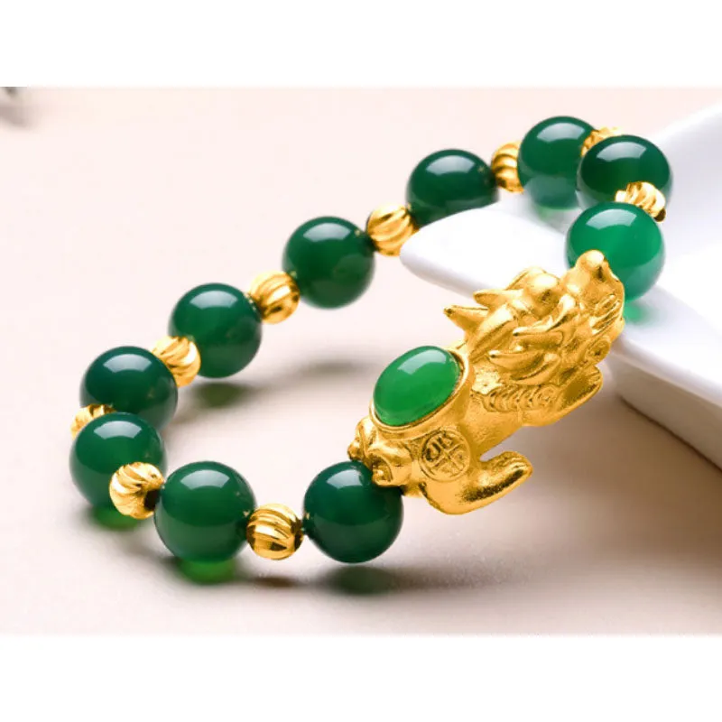 Feng Shui Wealth Sand Gold Natural Green Agate Inlaid Pixiu Bracelet