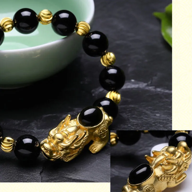 Feng Shui Wealth Sand Gold Natural Green Agate Inlaid Pixiu Bracelet
