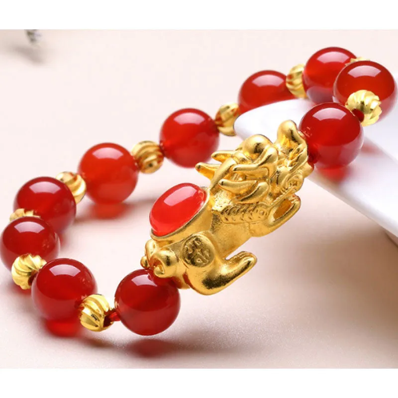 Feng Shui Wealth Sand Gold Natural Green Agate Inlaid Pixiu Bracelet