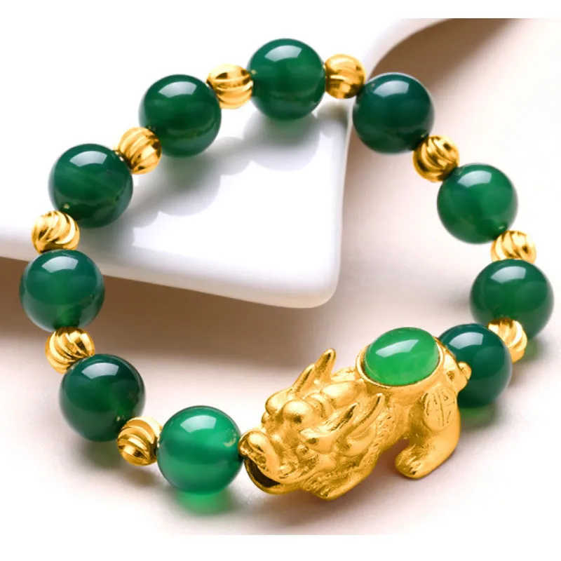 Feng Shui Wealth Sand Gold Natural Green Agate Inlaid Pixiu Bracelet