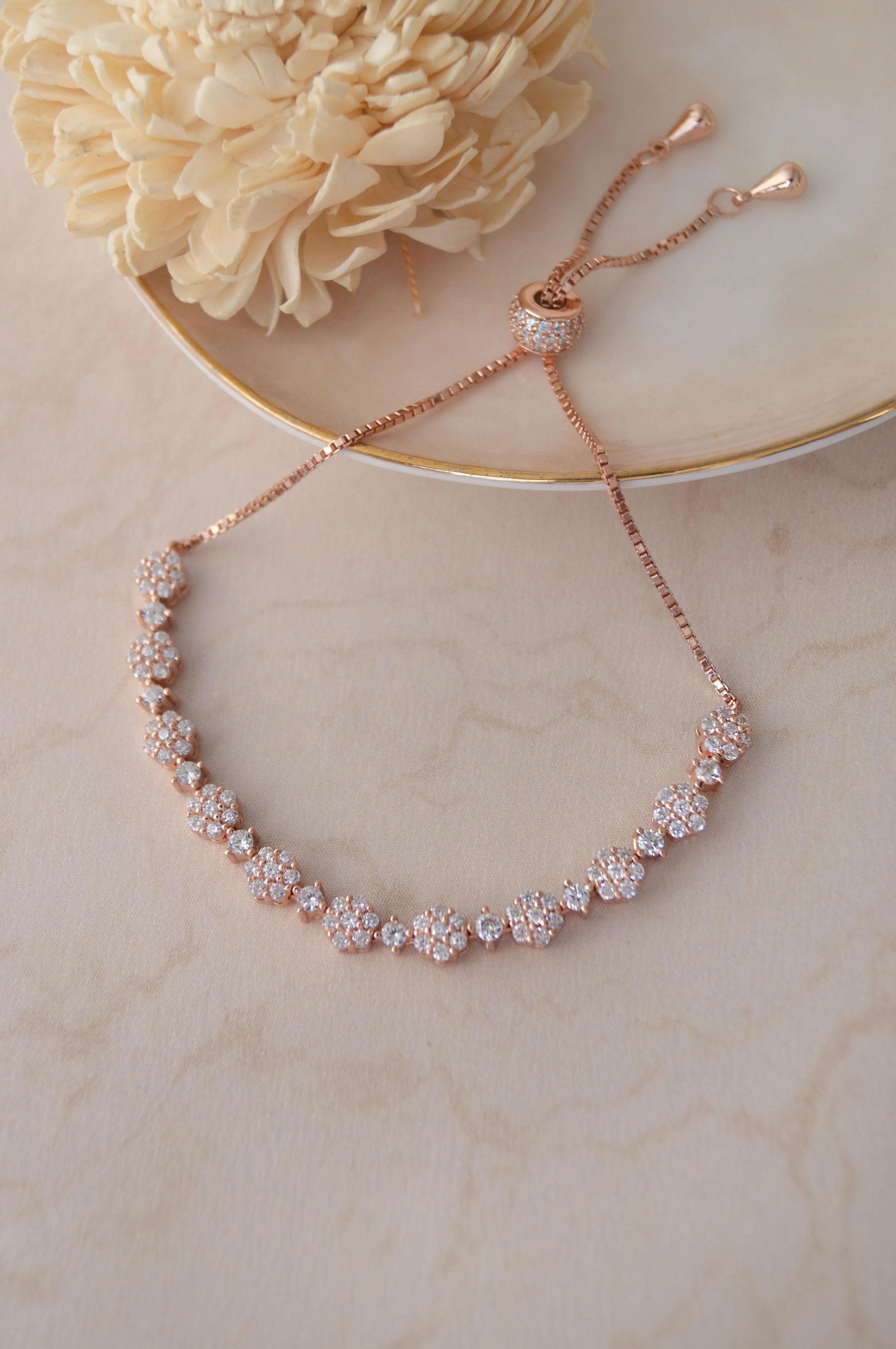 Flower Cluster Garden Rose Gold Plated Sterling Silver Pull Chain Adjustable Bracelet