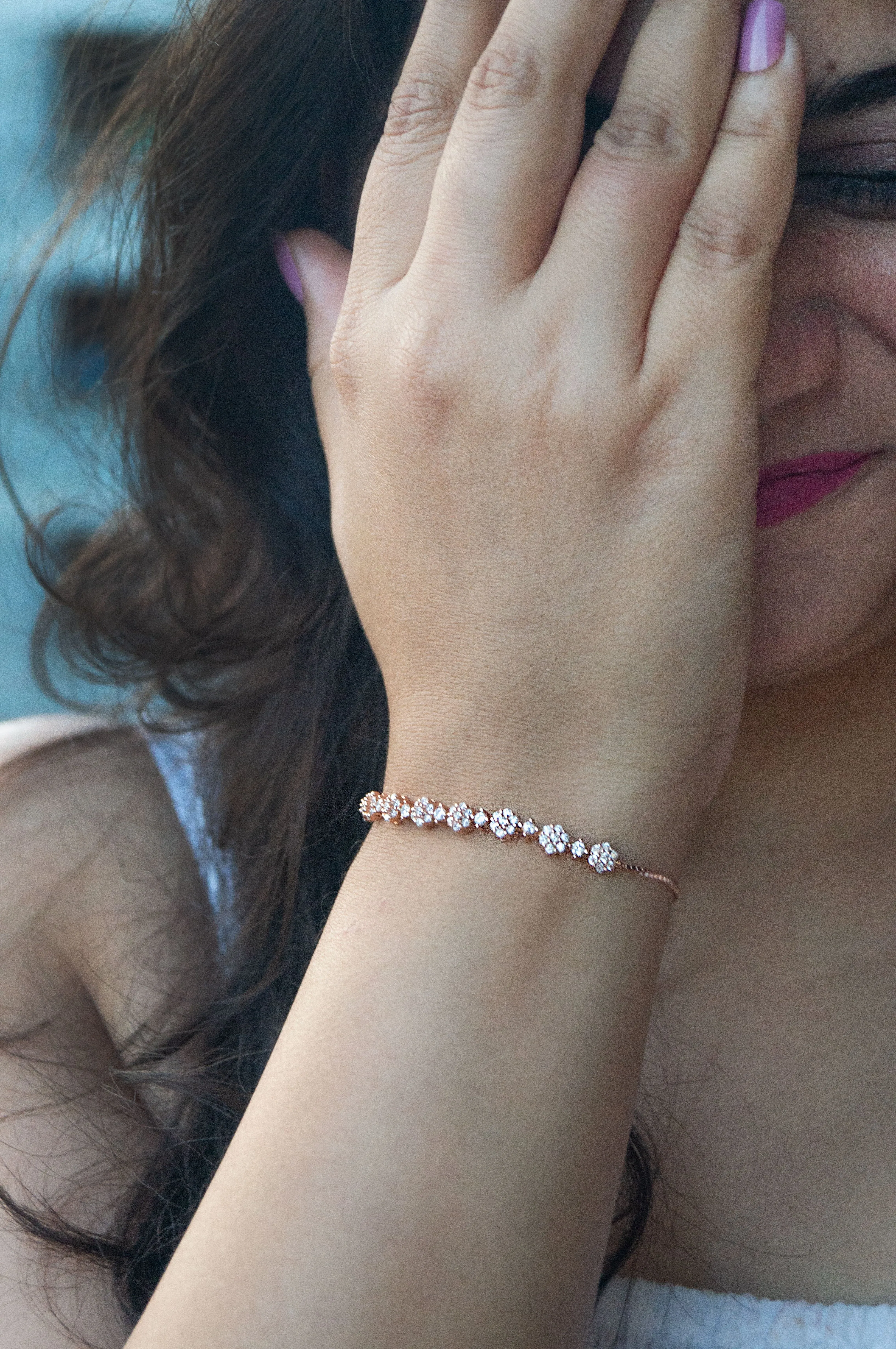 Flower Cluster Garden Rose Gold Plated Sterling Silver Pull Chain Adjustable Bracelet