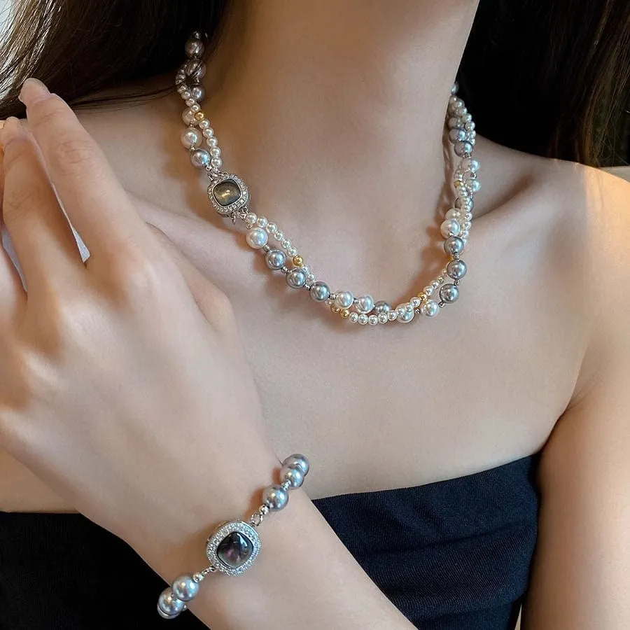 French Style Layered CZ Inlaid Square Charm Pearl Chain Necklace Bracelet