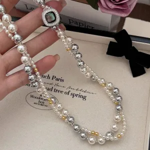 French Style Layered CZ Inlaid Square Charm Pearl Chain Necklace Bracelet