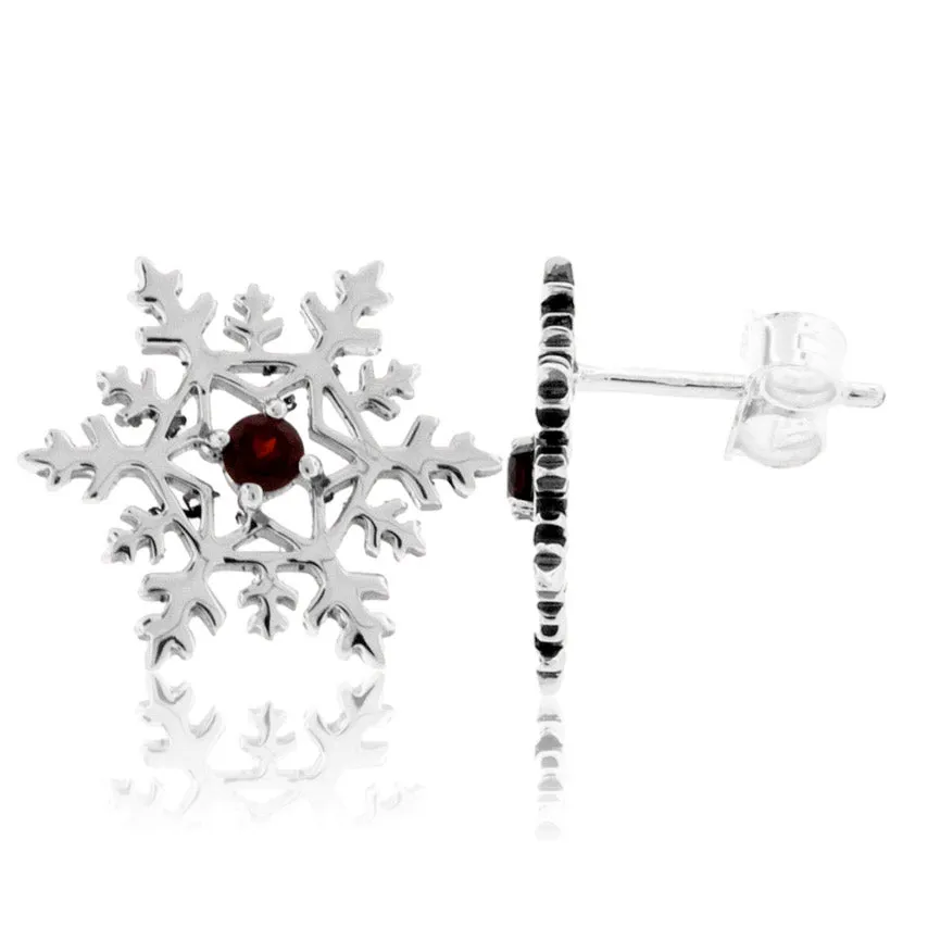 Garnet Center Snowflake Post Earrings