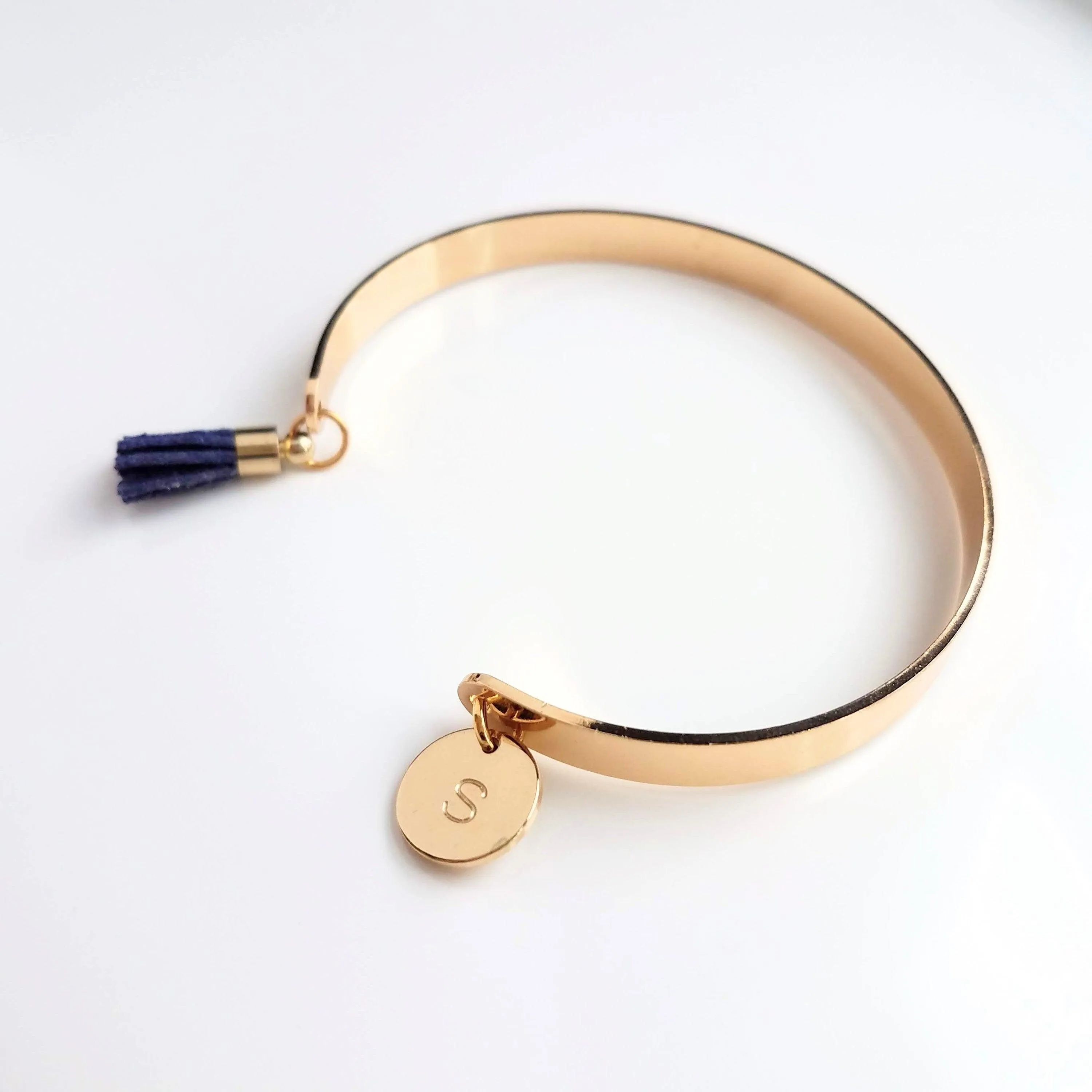 Gold Cuff Bracelet, initial bracelet, gold letter bracelet, gold tassel bracelet, thin gold cuff, navy blue tassel cuff, letter charm bangle