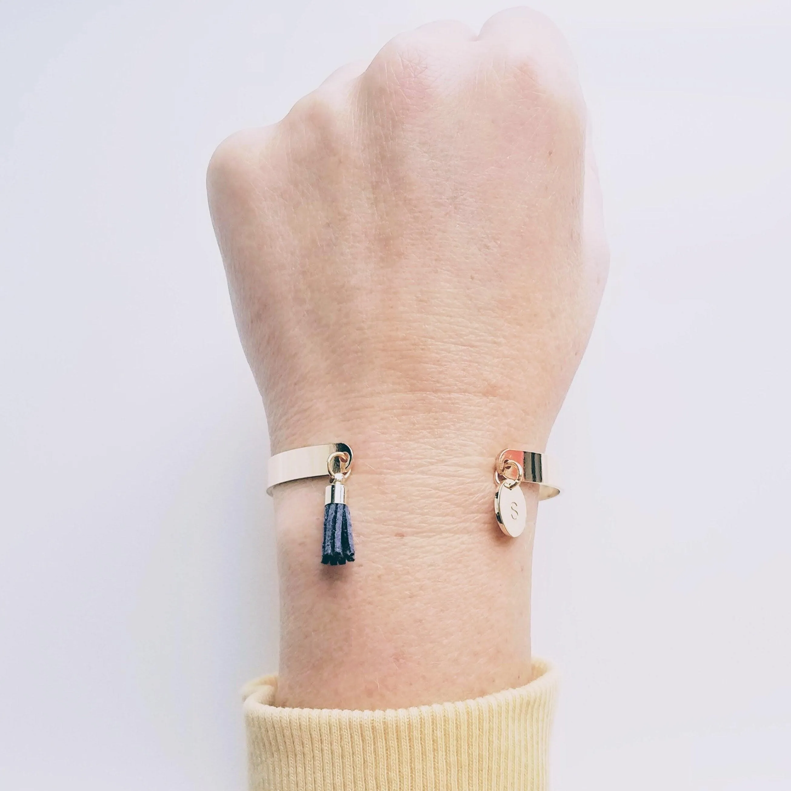 Gold Cuff Bracelet, initial bracelet, gold letter bracelet, gold tassel bracelet, thin gold cuff, navy blue tassel cuff, letter charm bangle