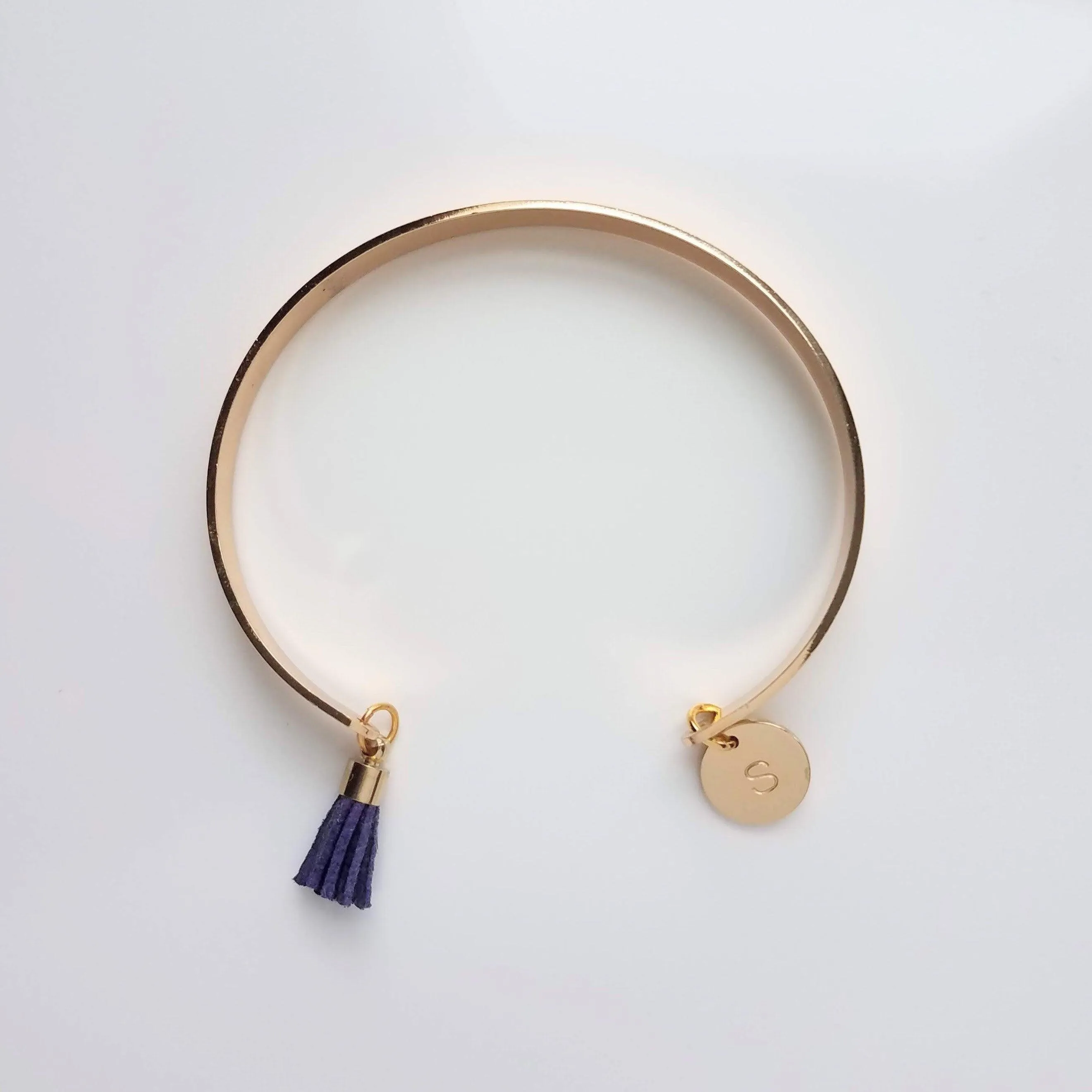 Gold Cuff Bracelet, initial bracelet, gold letter bracelet, gold tassel bracelet, thin gold cuff, navy blue tassel cuff, letter charm bangle