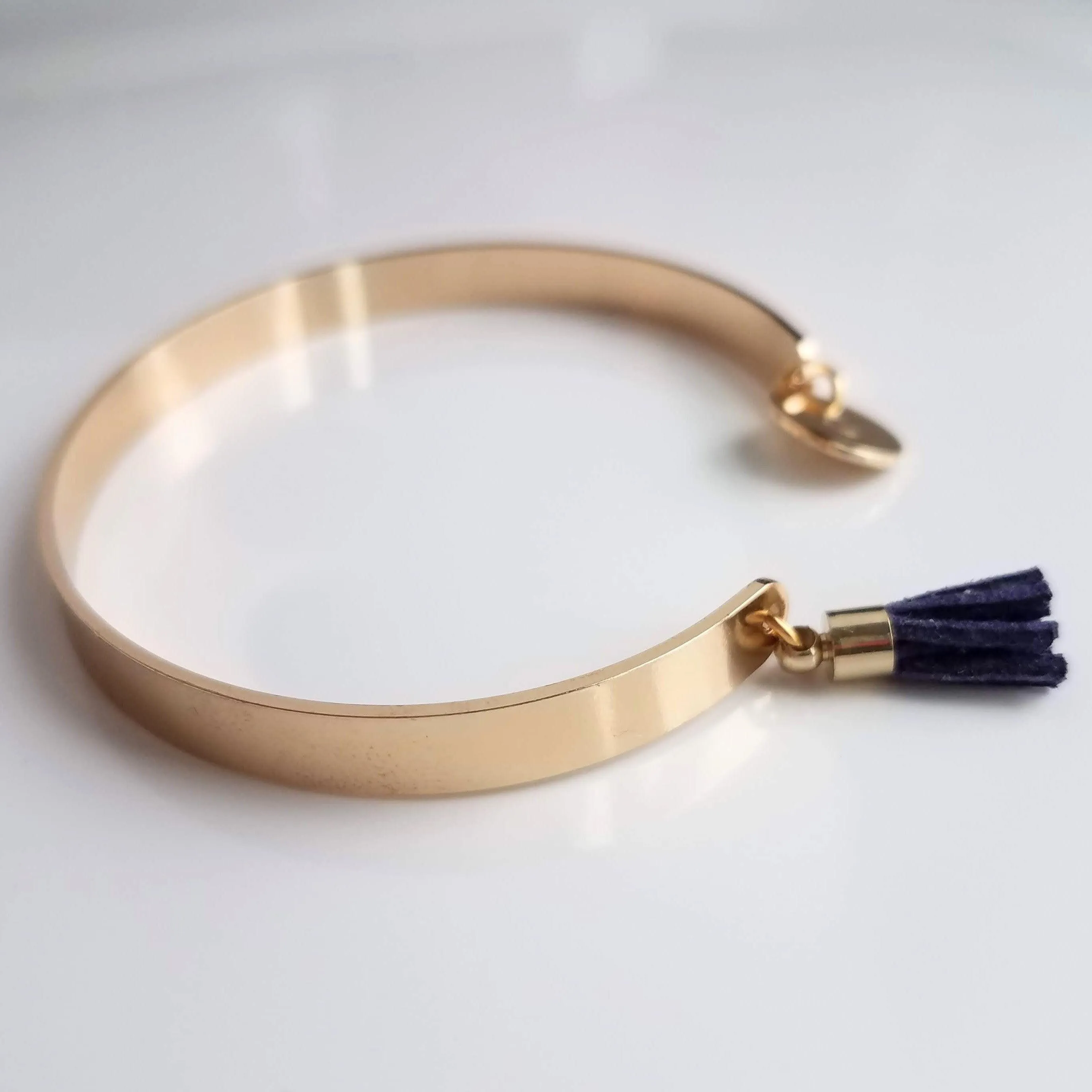 Gold Cuff Bracelet, initial bracelet, gold letter bracelet, gold tassel bracelet, thin gold cuff, navy blue tassel cuff, letter charm bangle