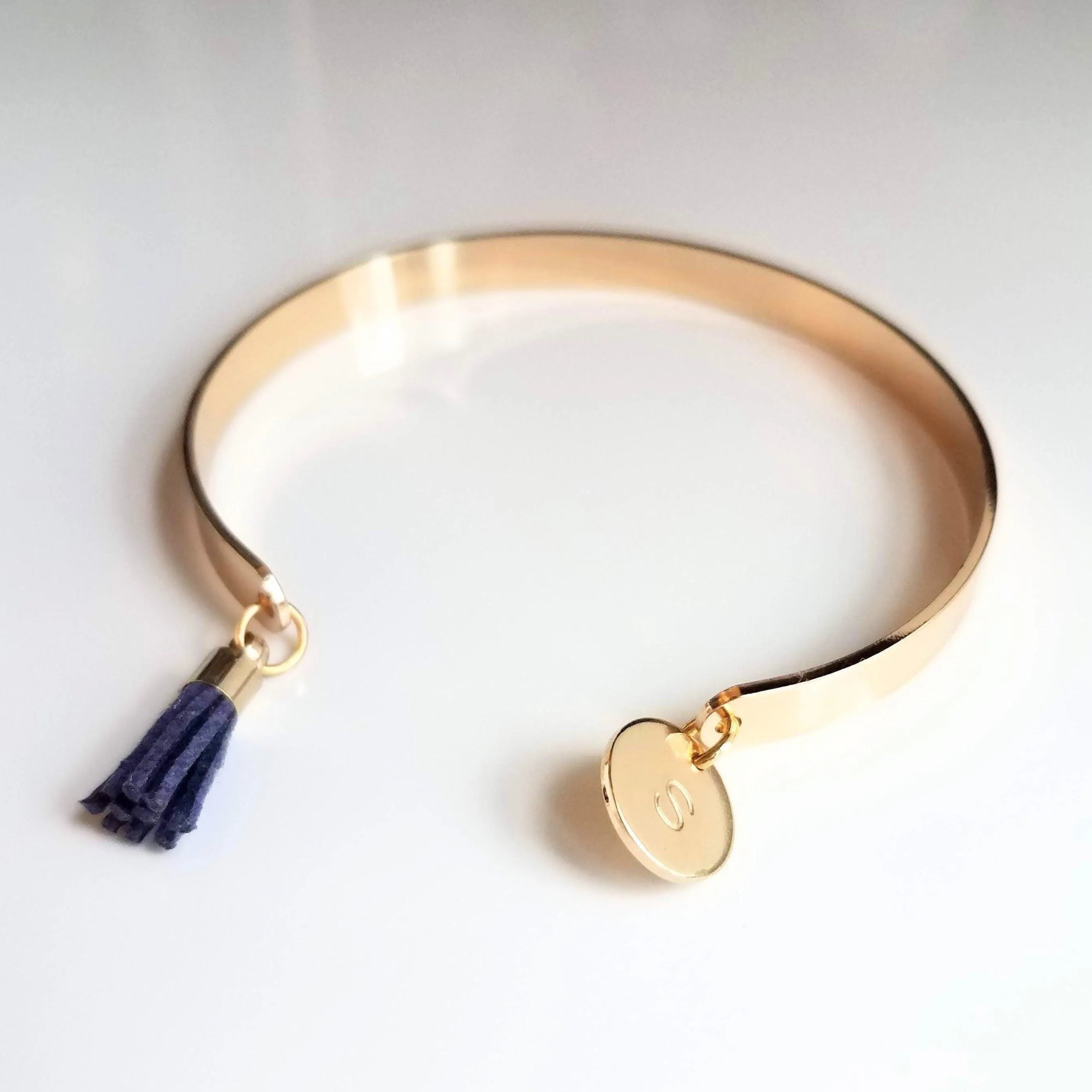 Gold Cuff Bracelet, initial bracelet, gold letter bracelet, gold tassel bracelet, thin gold cuff, navy blue tassel cuff, letter charm bangle