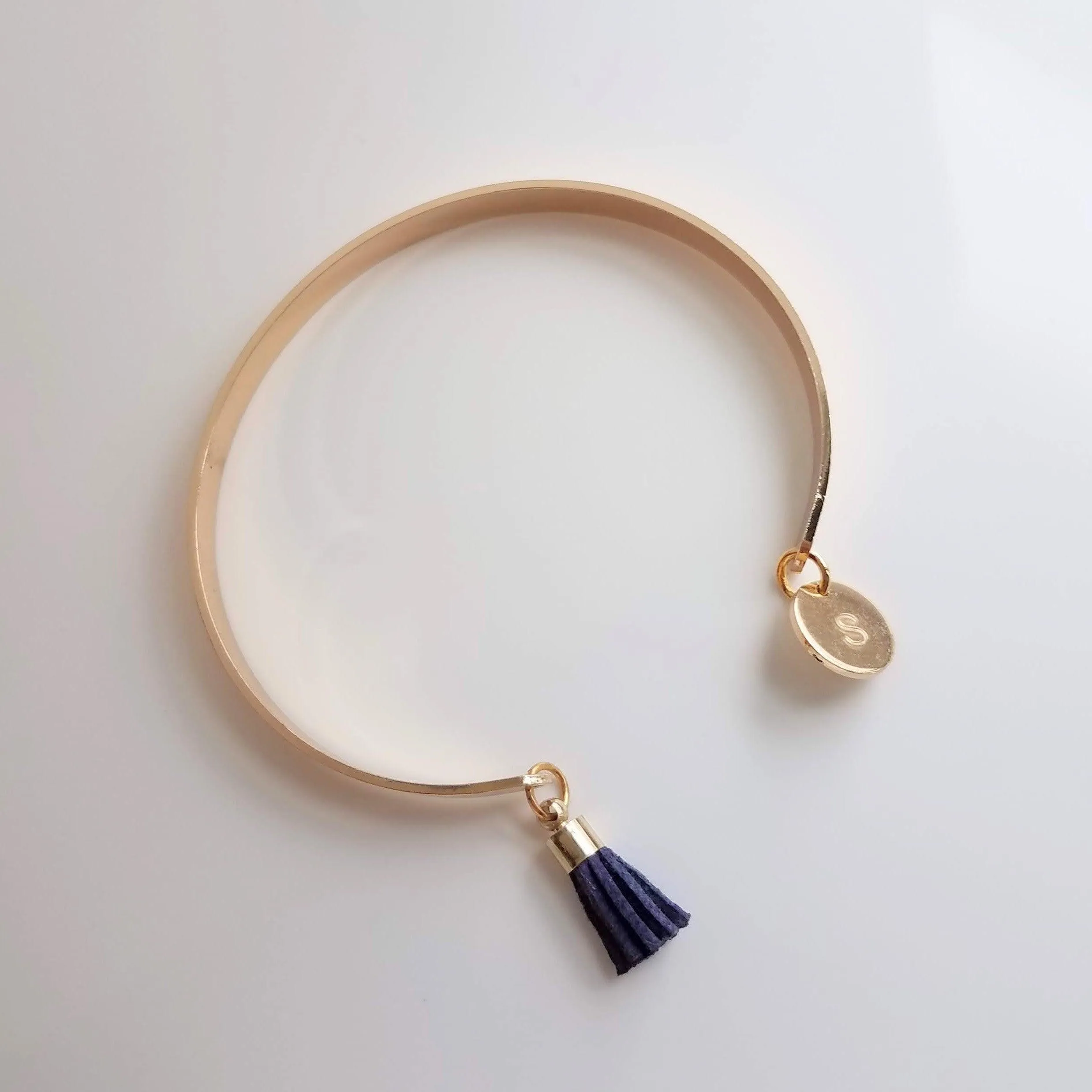 Gold Cuff Bracelet, initial bracelet, gold letter bracelet, gold tassel bracelet, thin gold cuff, navy blue tassel cuff, letter charm bangle