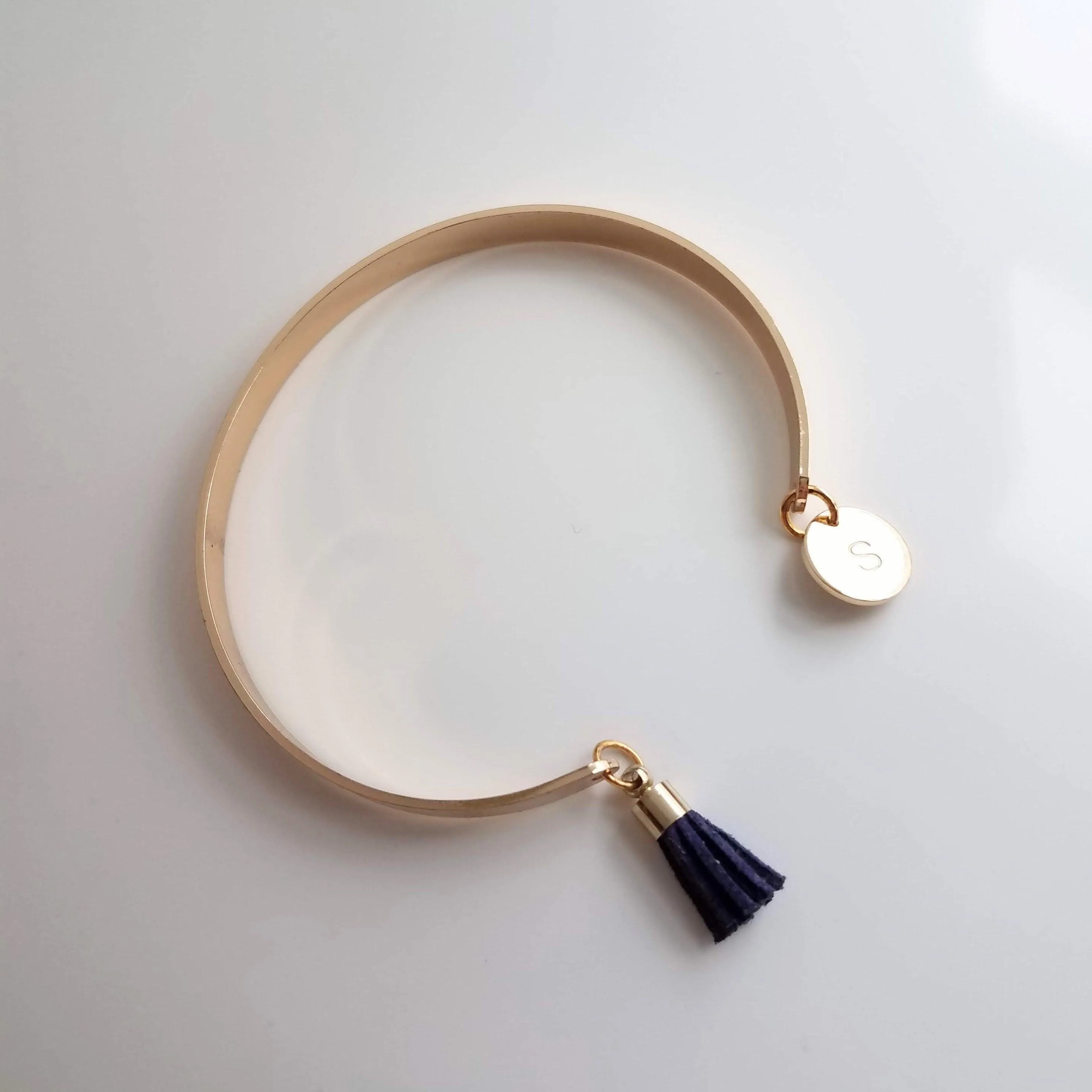 Gold Cuff Bracelet, initial bracelet, gold letter bracelet, gold tassel bracelet, thin gold cuff, navy blue tassel cuff, letter charm bangle