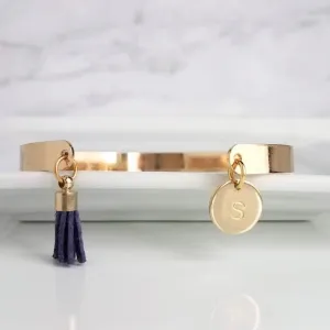 Gold Cuff Bracelet, initial bracelet, gold letter bracelet, gold tassel bracelet, thin gold cuff, navy blue tassel cuff, letter charm bangle