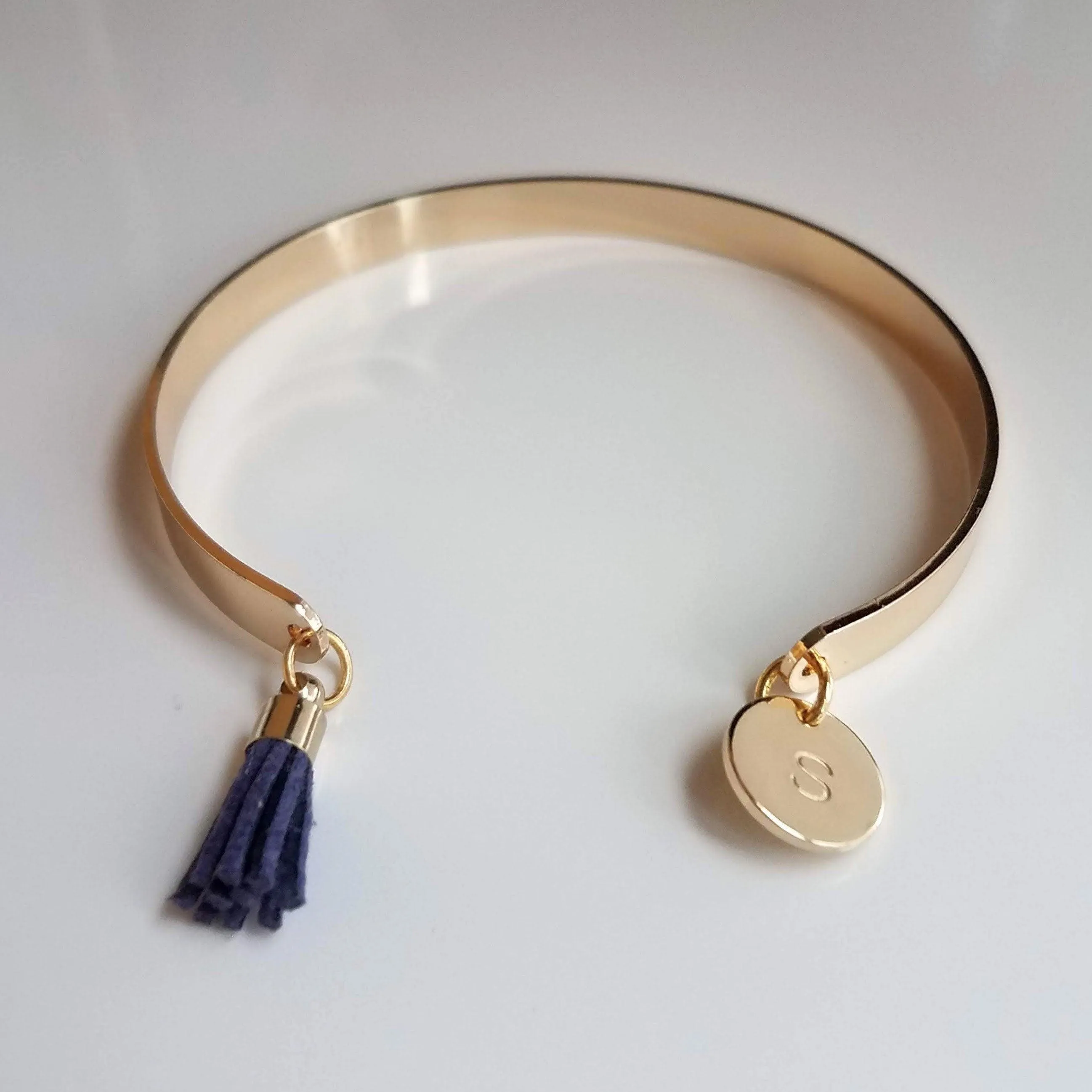 Gold Cuff Bracelet, initial bracelet, gold letter bracelet, gold tassel bracelet, thin gold cuff, navy blue tassel cuff, letter charm bangle