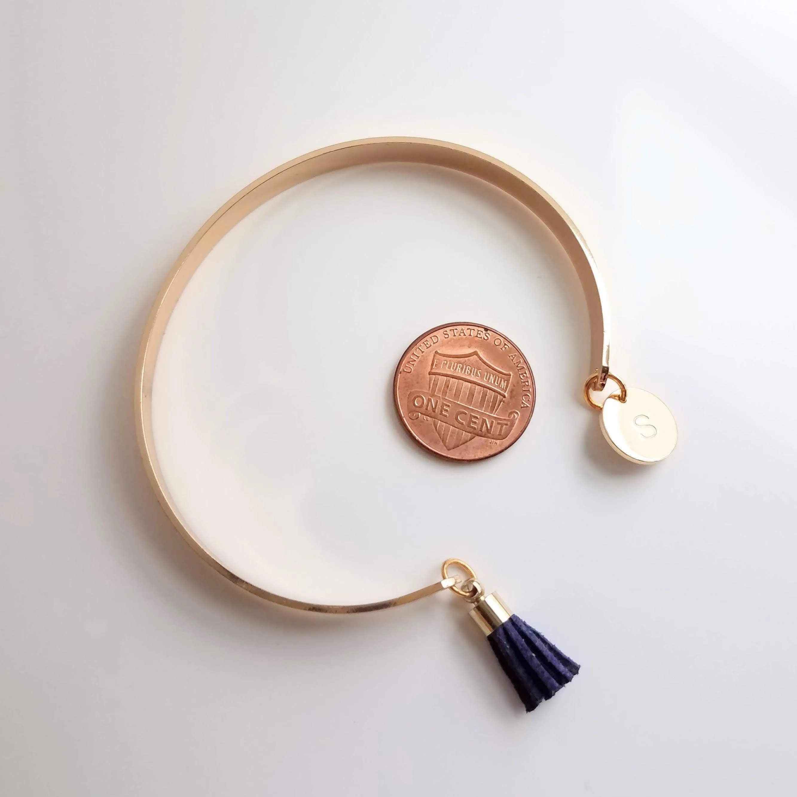 Gold Cuff Bracelet, initial bracelet, gold letter bracelet, gold tassel bracelet, thin gold cuff, navy blue tassel cuff, letter charm bangle