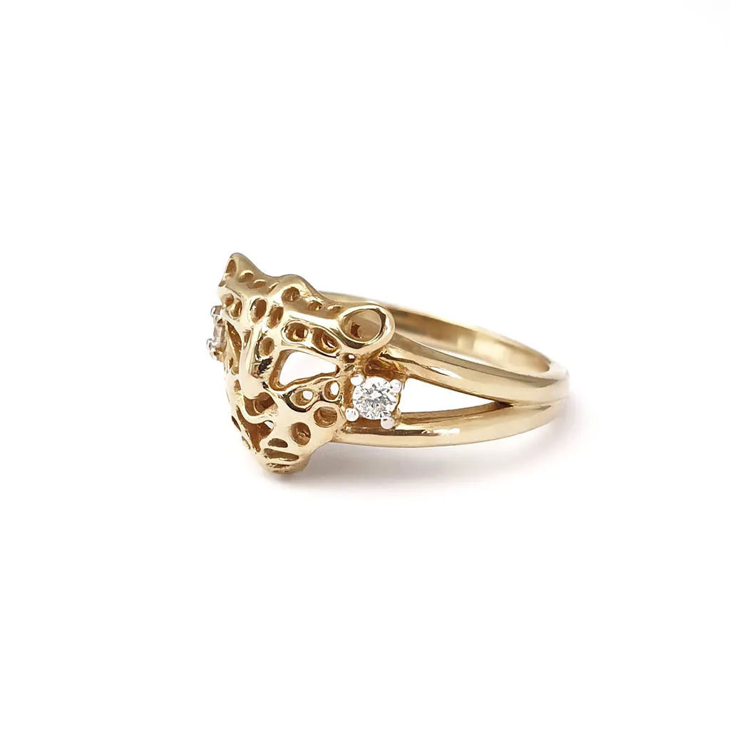 Gold Leopard Head Ring with Diamond Accents