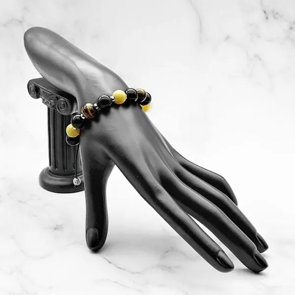 Gold of the Sea  | Amber - Black Onyx - Yellow Tiger Eye Bracelet in Gold/Silver | 10MM