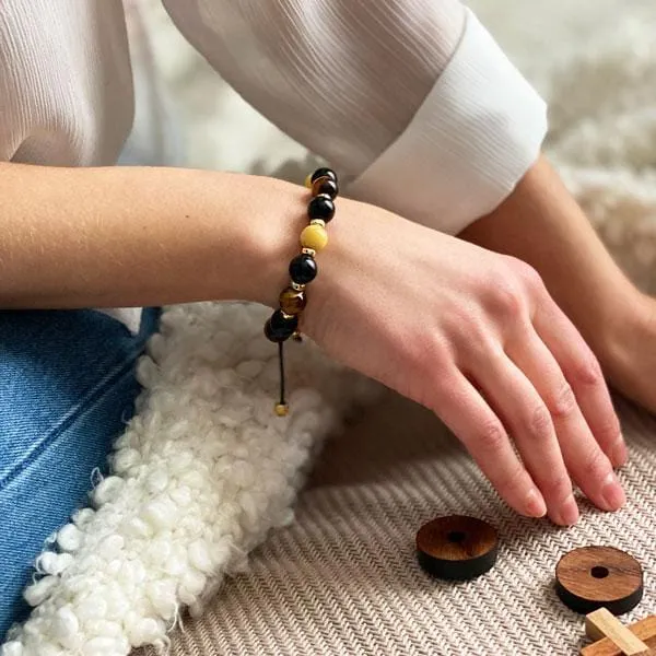 Gold of the Sea  | Amber - Black Onyx - Yellow Tiger Eye Bracelet in Gold/Silver | 10MM