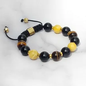 Gold of the Sea  | Amber - Black Onyx - Yellow Tiger Eye Bracelet in Gold/Silver | 10MM