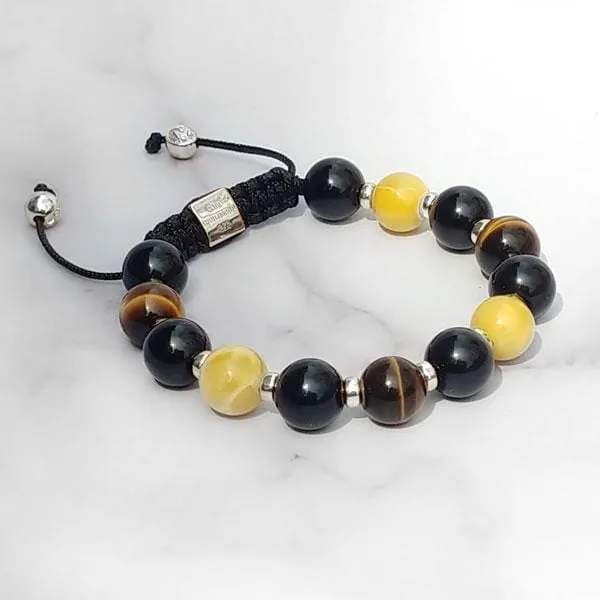Gold of the Sea  | Amber - Black Onyx - Yellow Tiger Eye Bracelet in Gold/Silver | 10MM