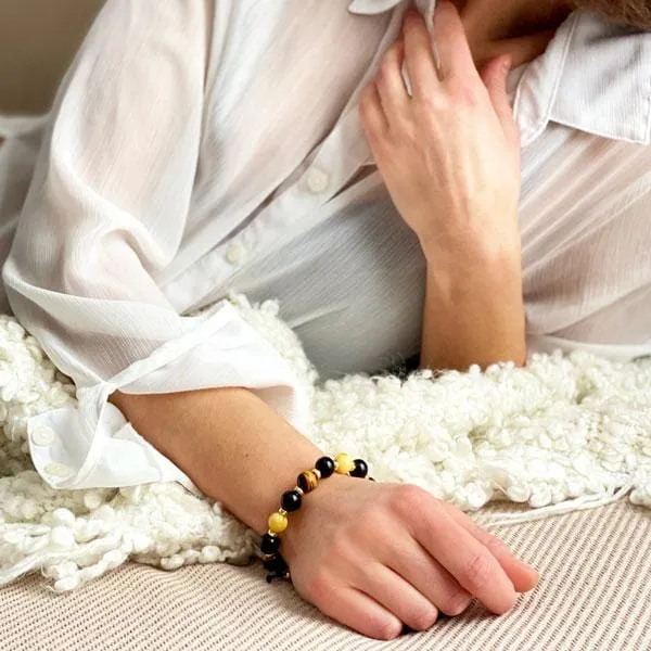 Gold of the Sea  | Amber - Black Onyx - Yellow Tiger Eye Bracelet in Gold/Silver | 10MM