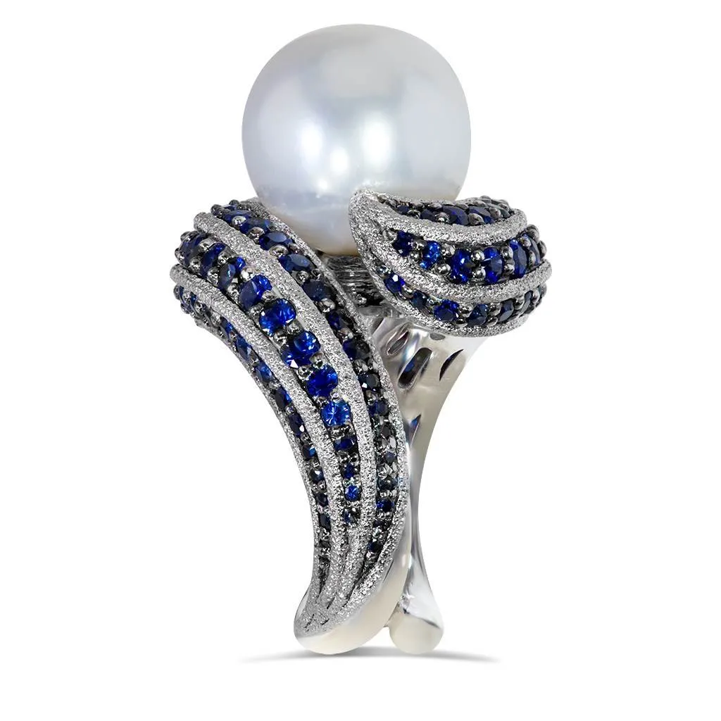 Gold Twist Ring With Pearl & Sapphires