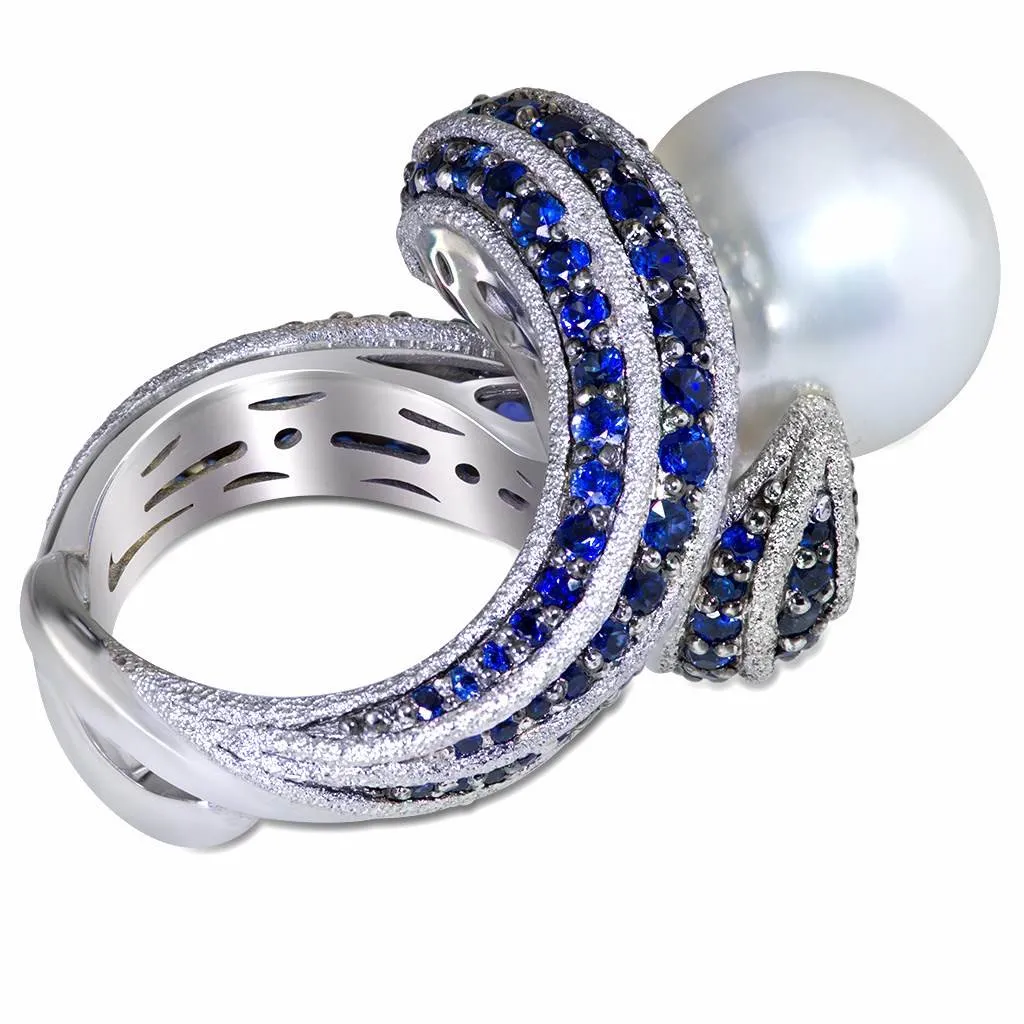 Gold Twist Ring With Pearl & Sapphires
