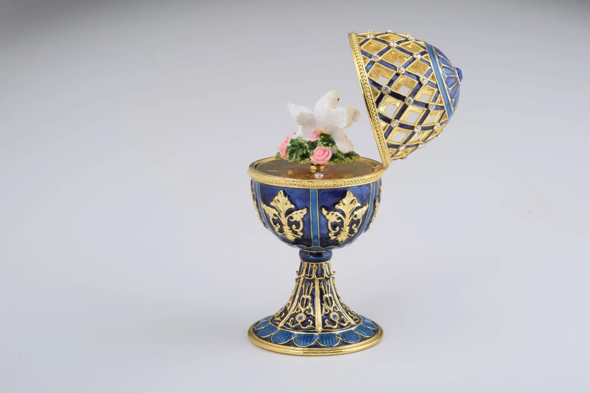 Golden Blue Faberge Egg with White Doves
