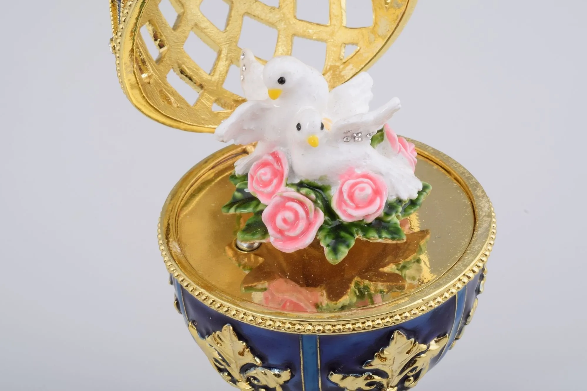 Golden Blue Faberge Egg with White Doves