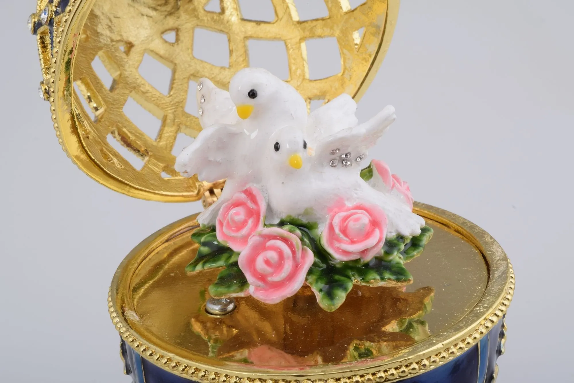 Golden Blue Faberge Egg with White Doves