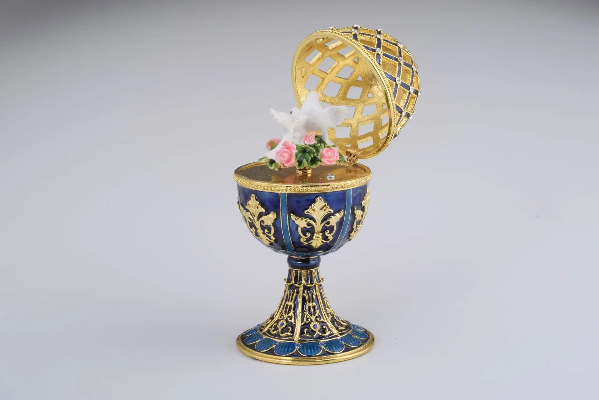 Golden Blue Faberge Egg with White Doves