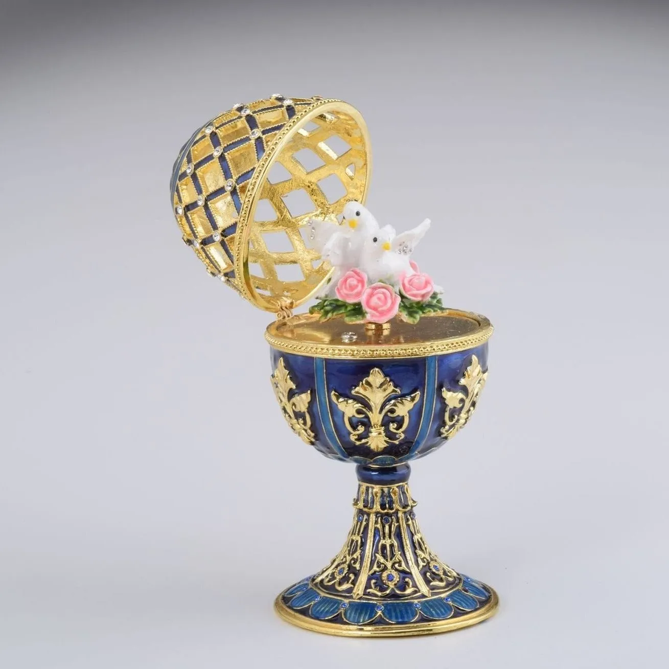 Golden Blue Faberge Egg with White Doves
