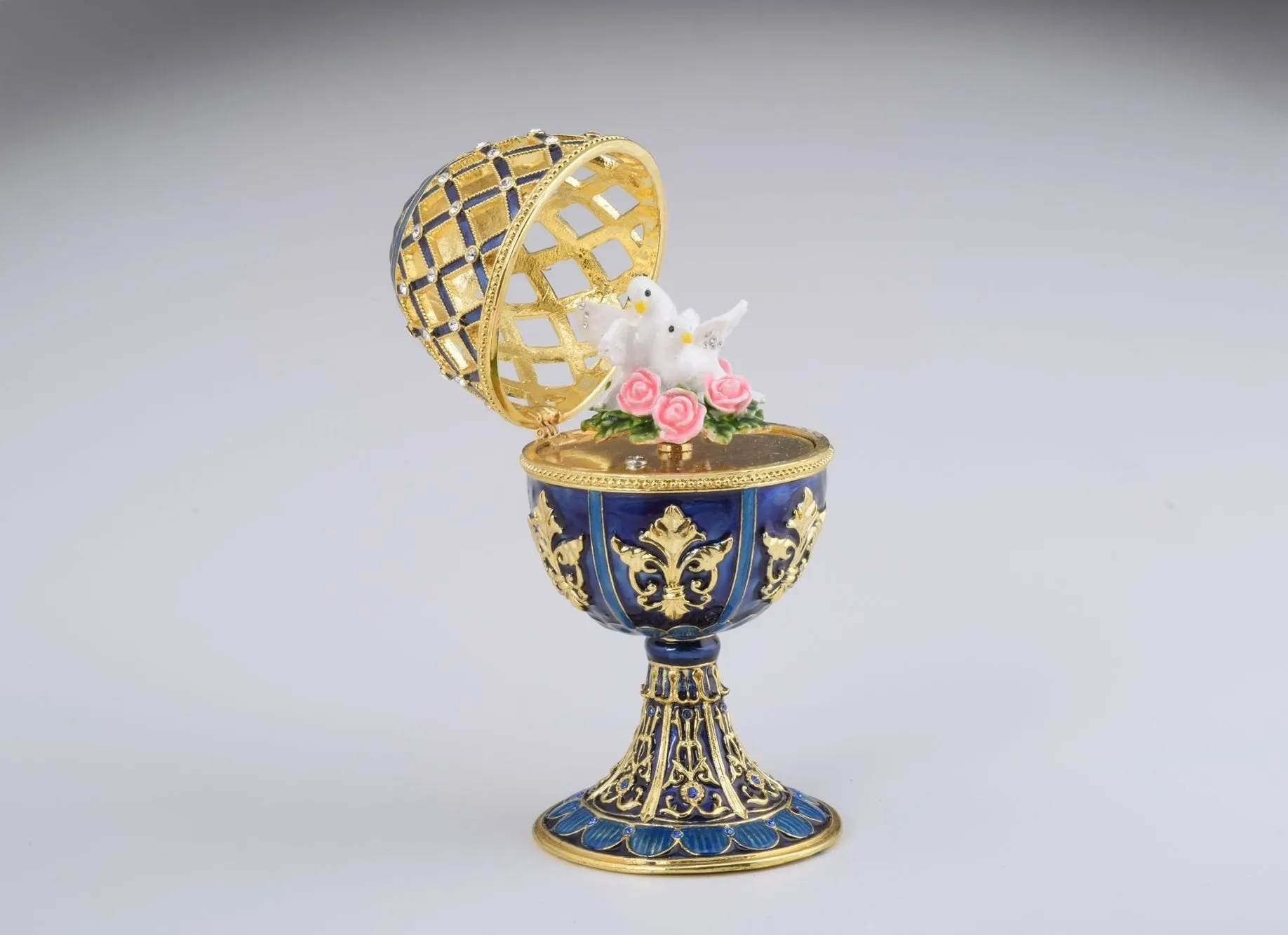 Golden Blue Faberge Egg with White Doves