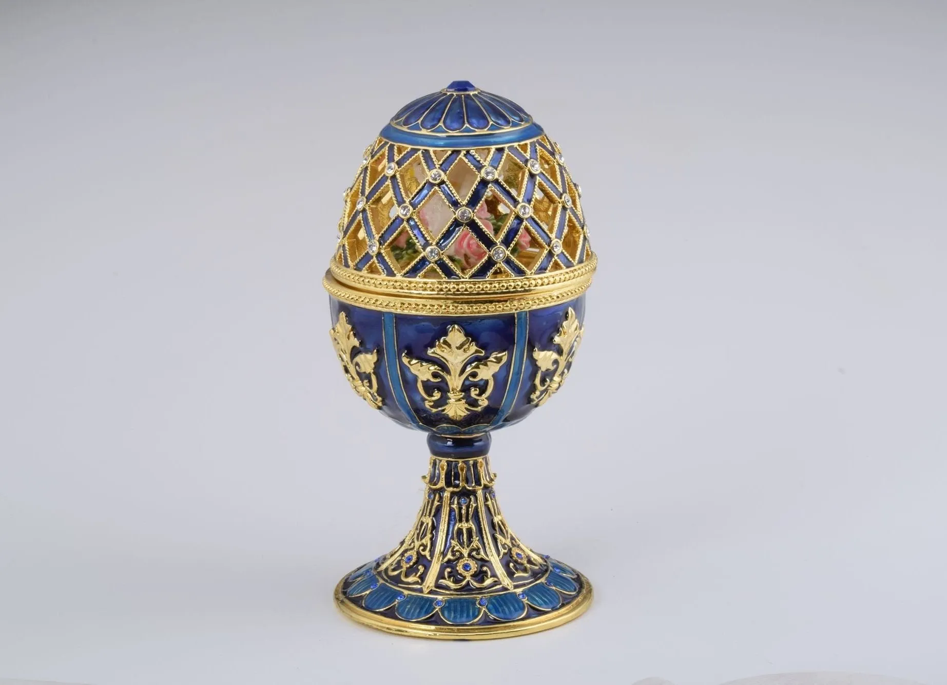 Golden Blue Faberge Egg with White Doves