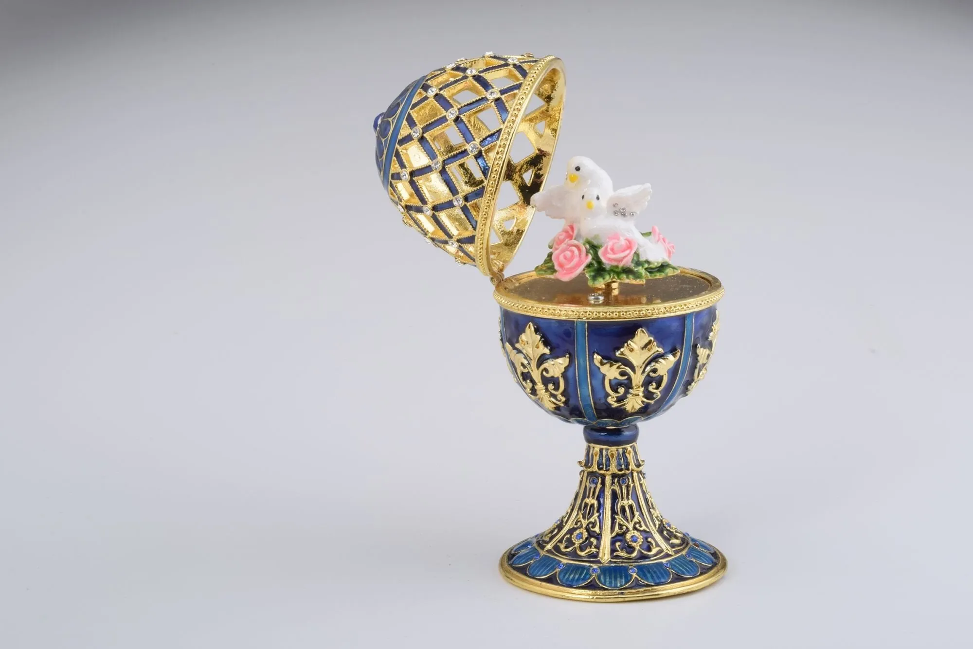 Golden Blue Faberge Egg with White Doves