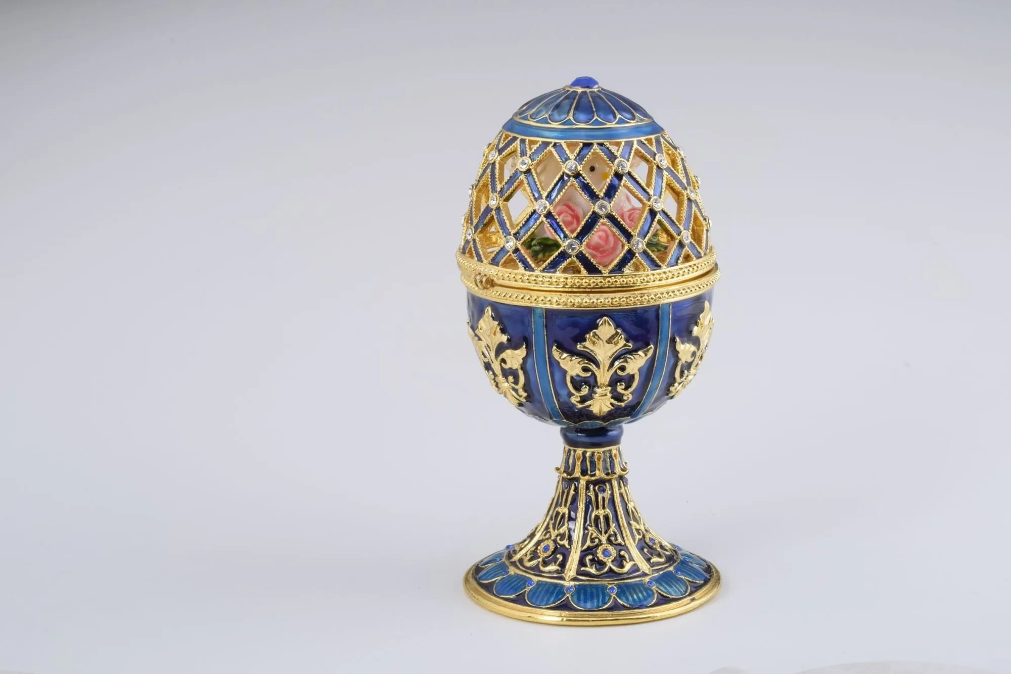 Golden Blue Faberge Egg with White Doves