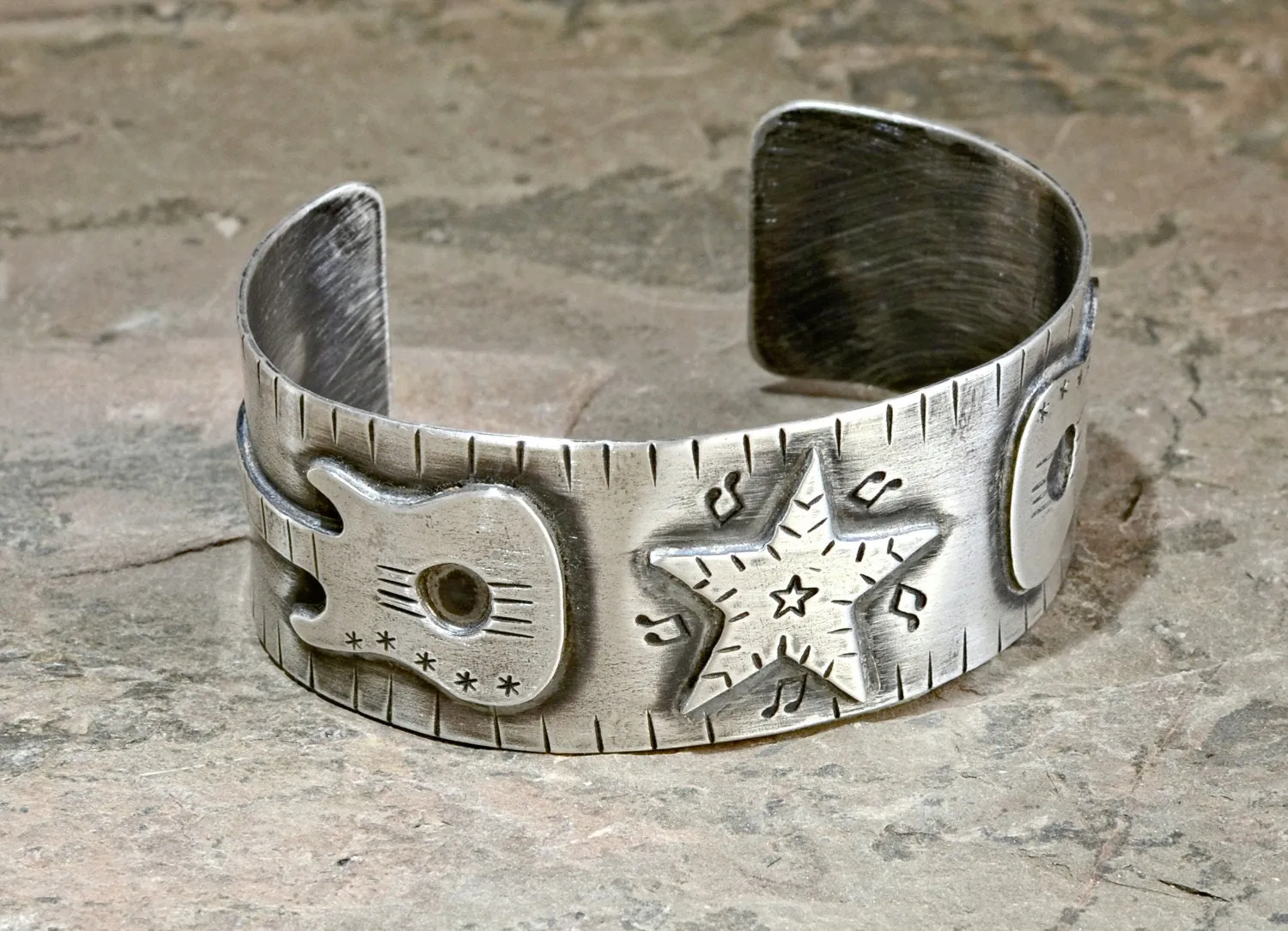 Guitars and stars sterling silver cuff bracelet