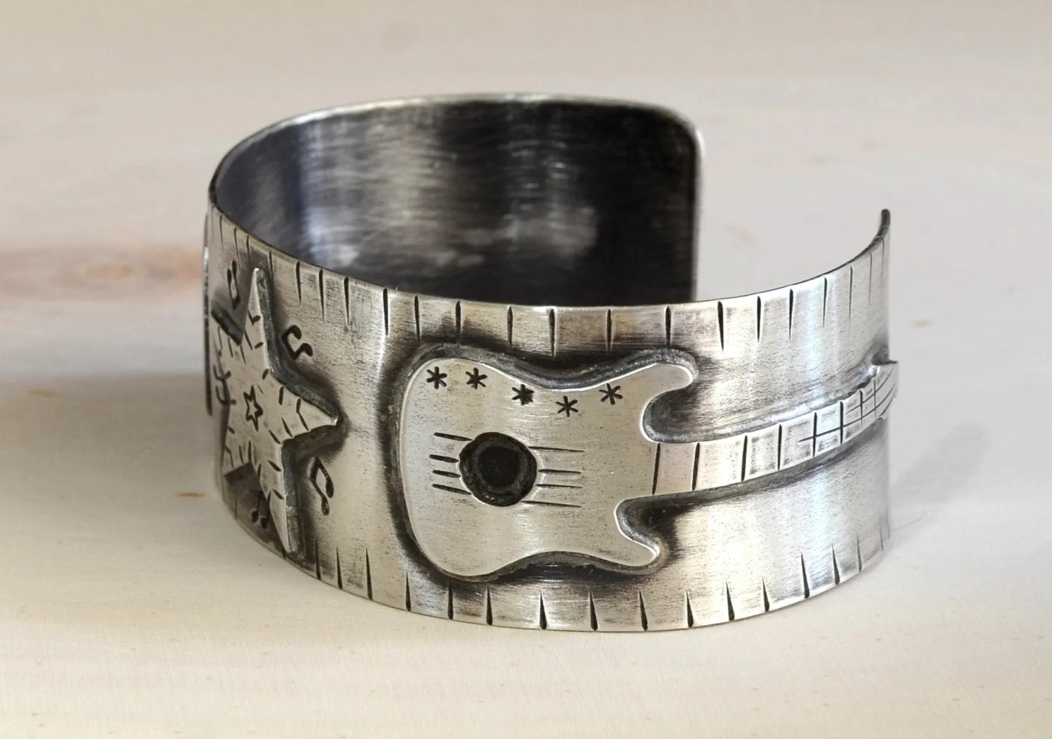 Guitars and stars sterling silver cuff bracelet