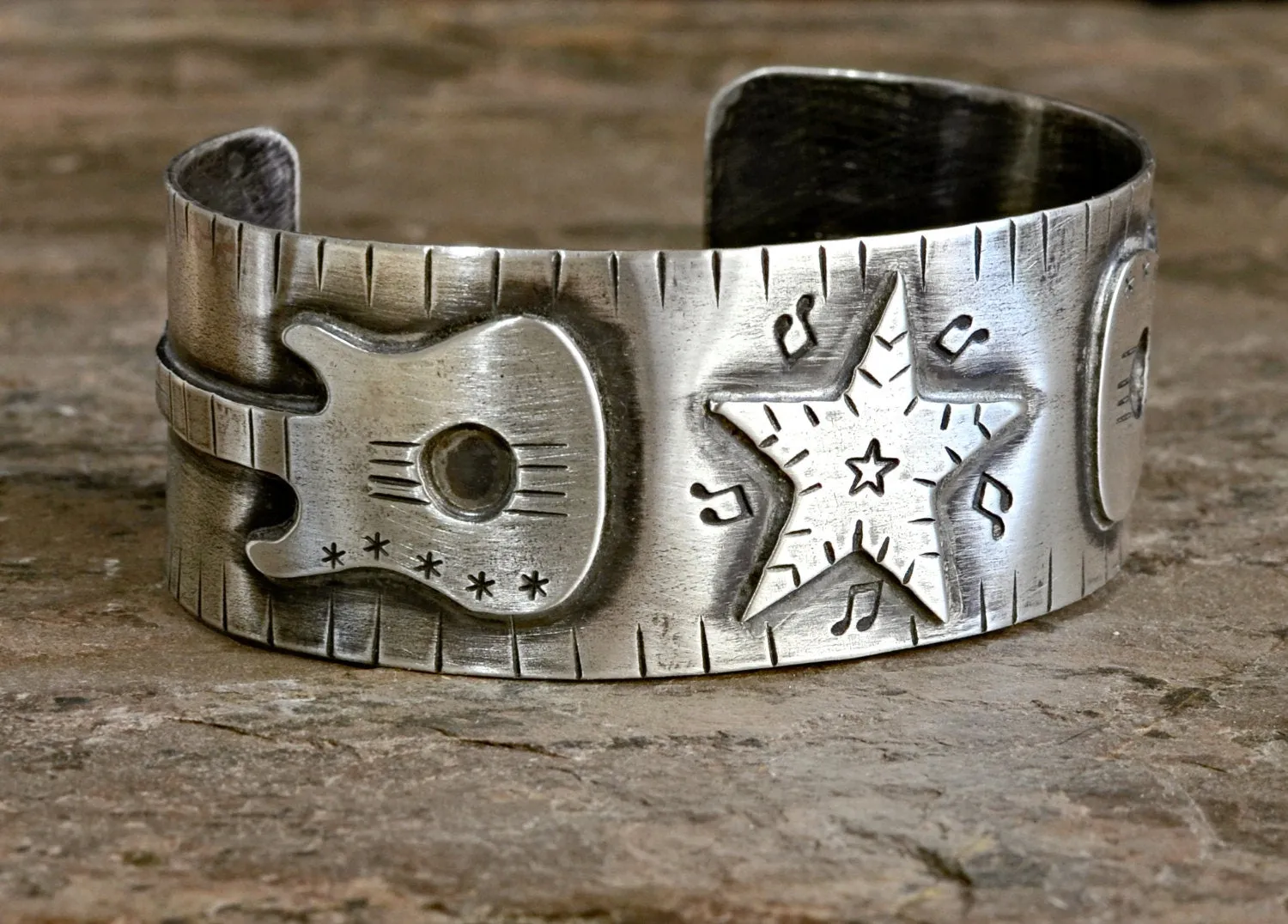 Guitars and stars sterling silver cuff bracelet