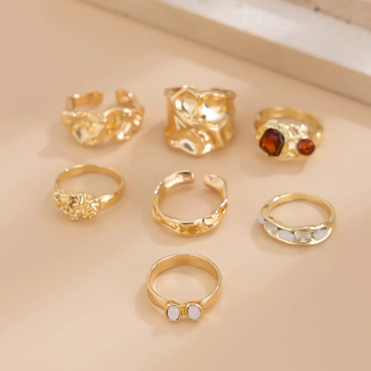 Hip Hop 7pcs Crystal Inlaid Pleated Open Ring Set