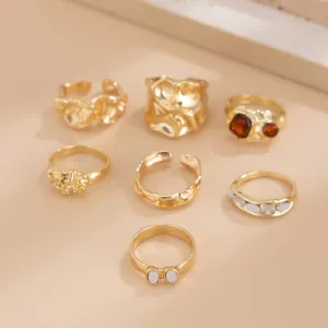 Hip Hop 7pcs Crystal Inlaid Pleated Open Ring Set