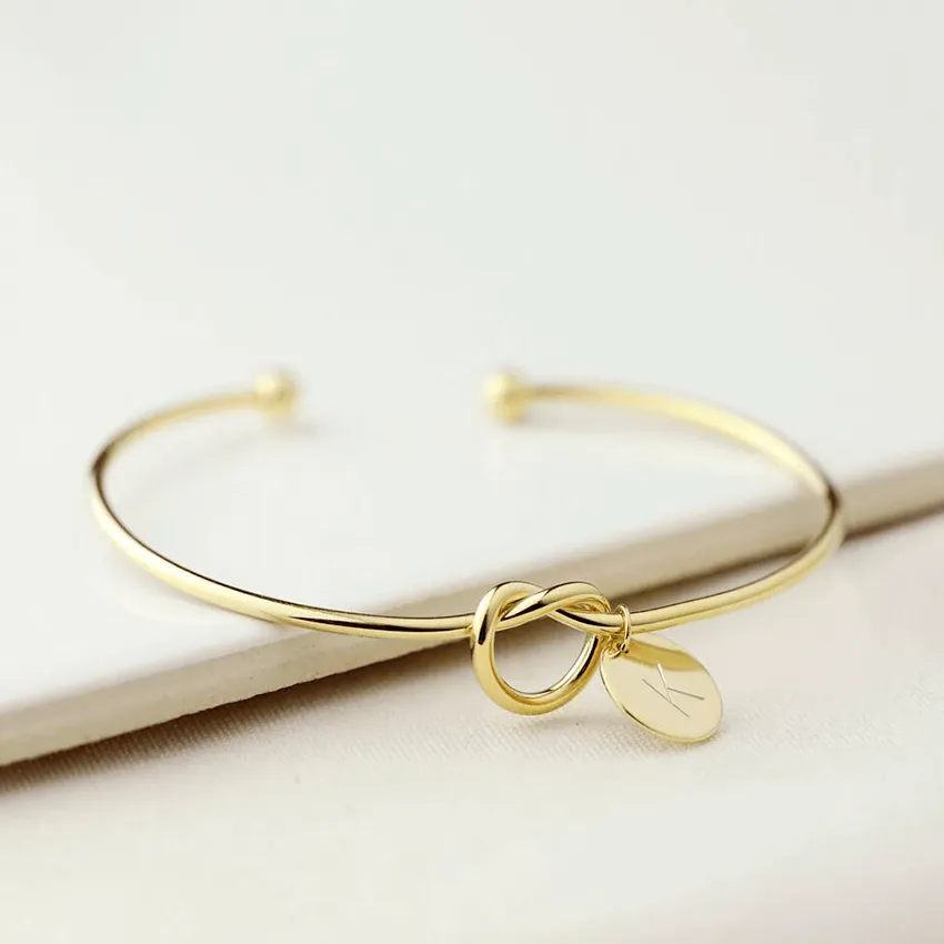 Initial Coin Charm Bangle in Sterling Silver Wire Knot Bracelet