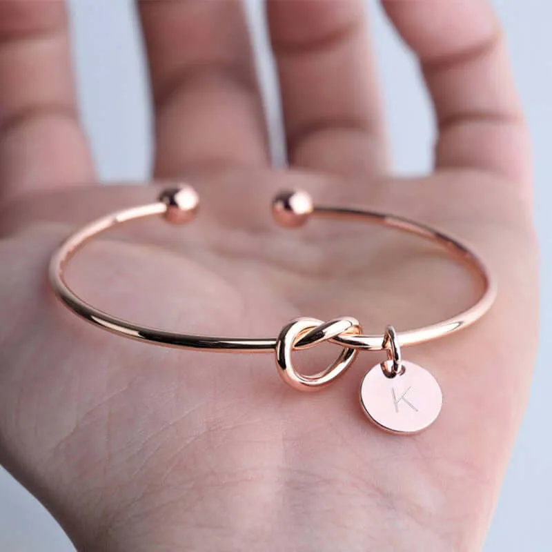 Initial Coin Charm Bangle in Sterling Silver Wire Knot Bracelet
