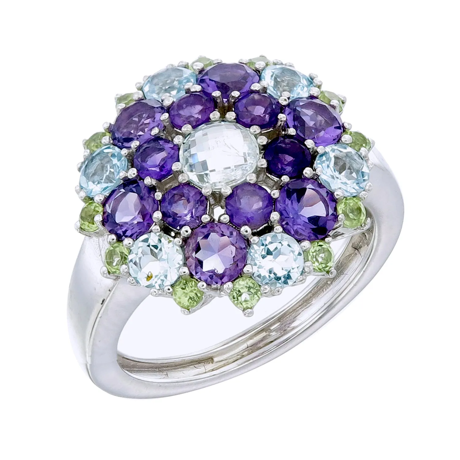 Isis Sky Blue Topaz, Amethyst, and Peridot Snowflake Mandala Ring