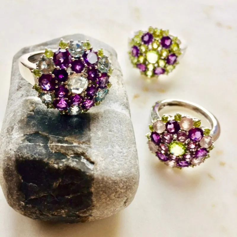 Isis Sky Blue Topaz, Amethyst, and Peridot Snowflake Mandala Ring