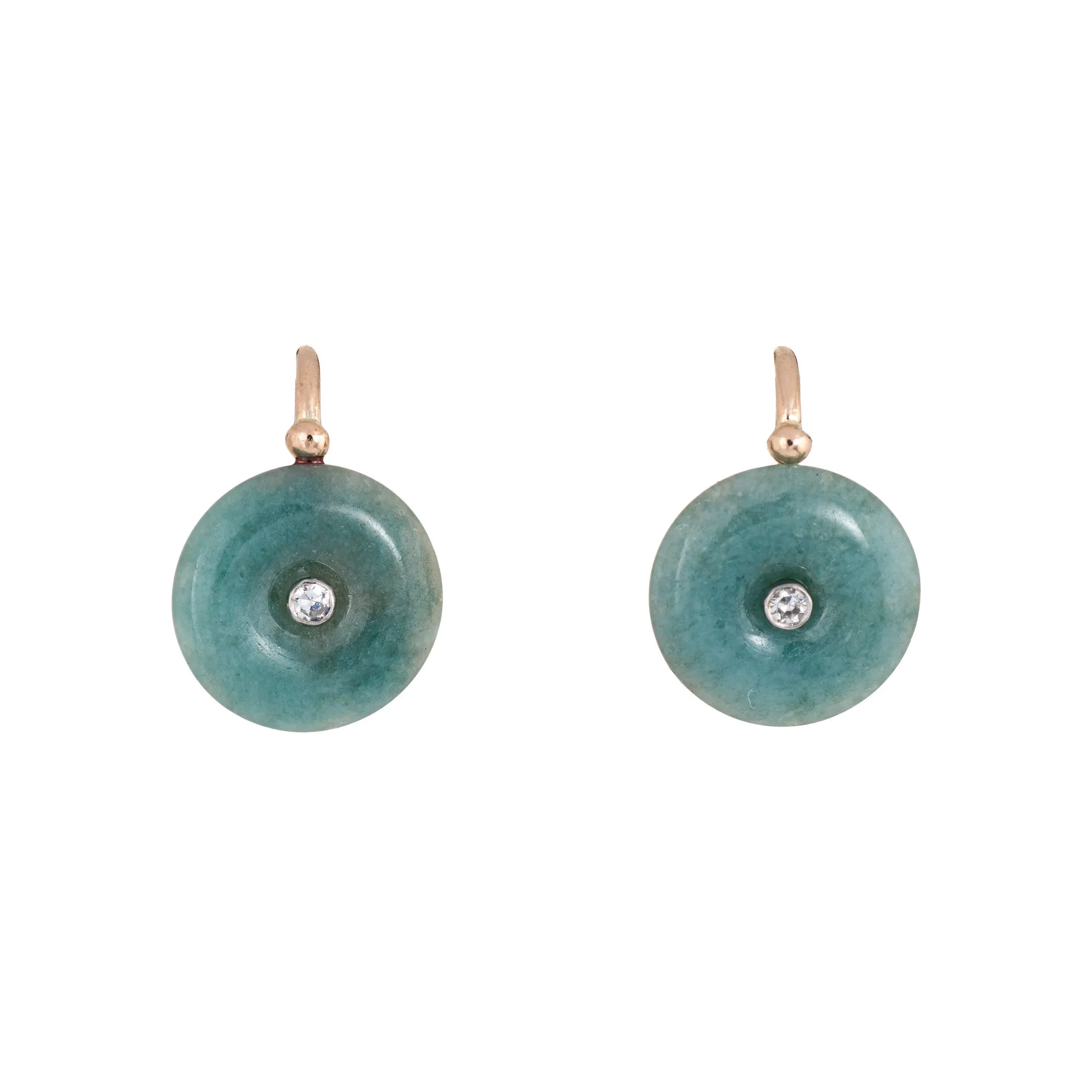 Jade Diamond Disc Earrings Vintage 18k Yellow Gold Round Drop Estate Jewelry