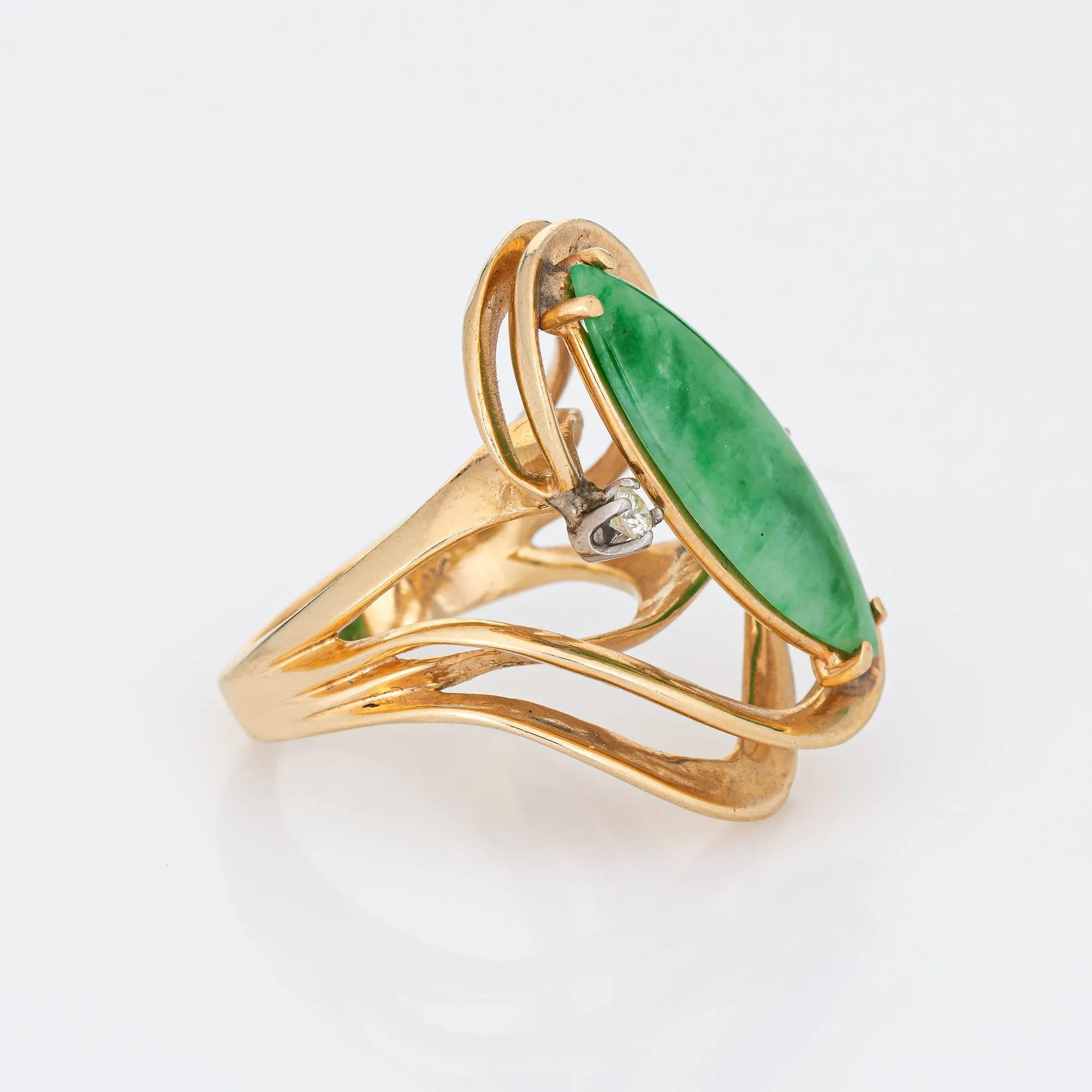 Jade Diamond Ring Vintage 14k Yellow Gold Mid Century 60s Cocktail Jewelry 5.75
