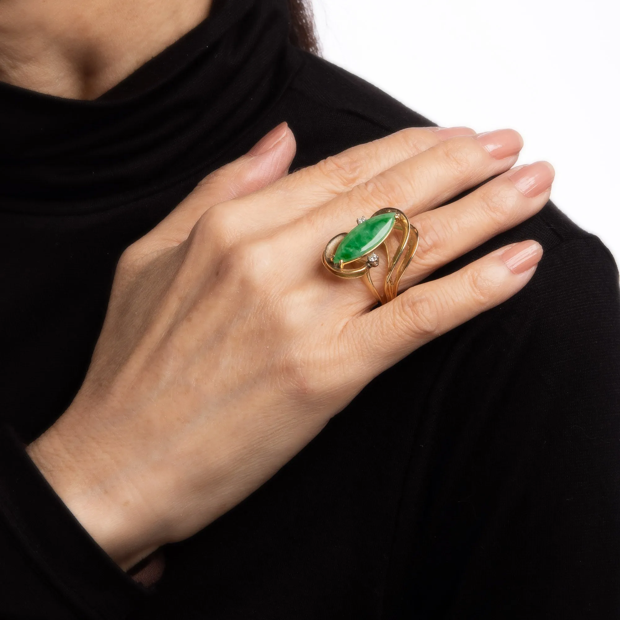 Jade Diamond Ring Vintage 14k Yellow Gold Mid Century 60s Cocktail Jewelry 5.75