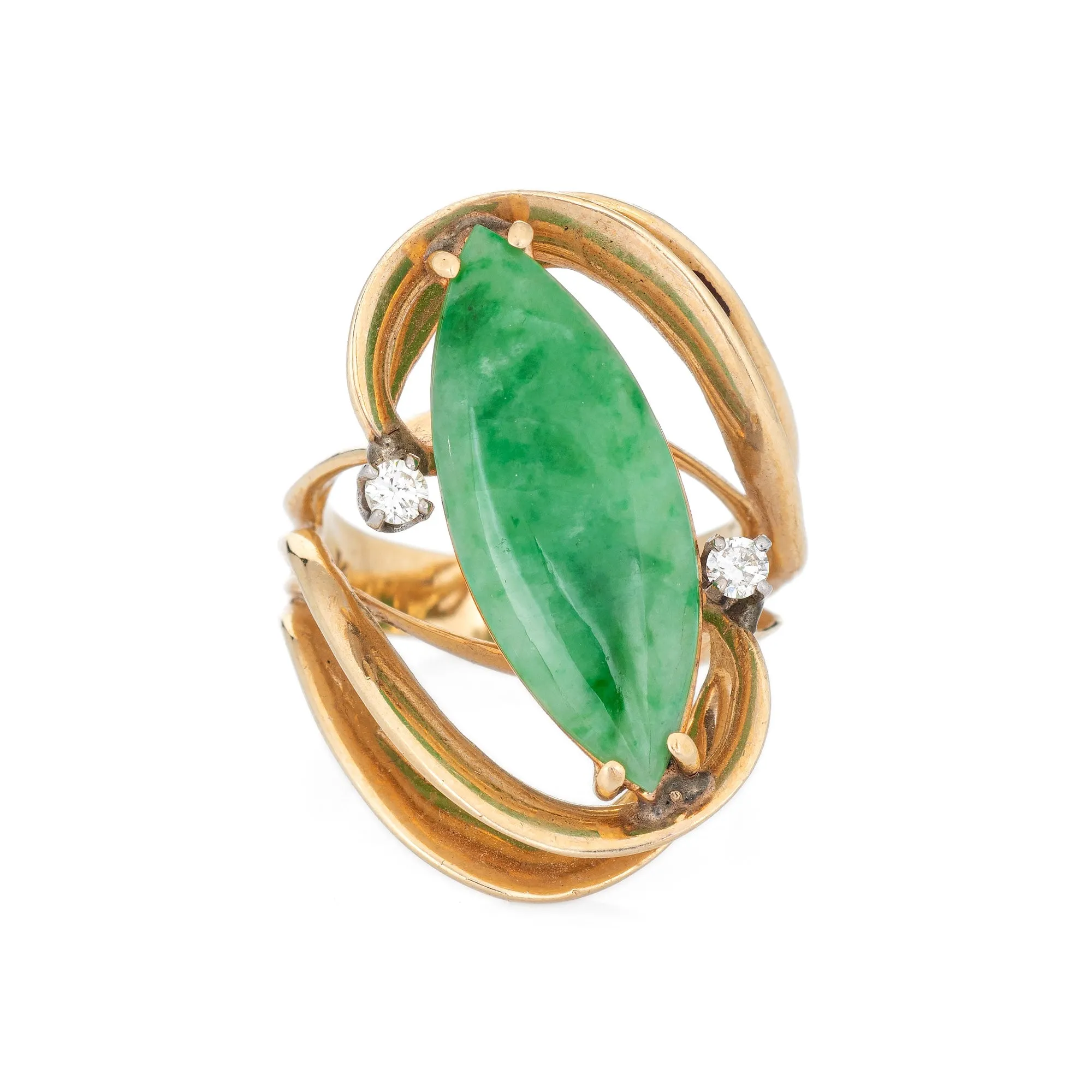 Jade Diamond Ring Vintage 14k Yellow Gold Mid Century 60s Cocktail Jewelry 5.75